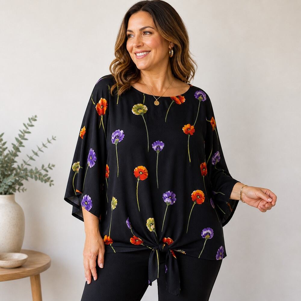 Synari Black Floral Vintage Blouse Tie Front Short Sleeve Sz 20